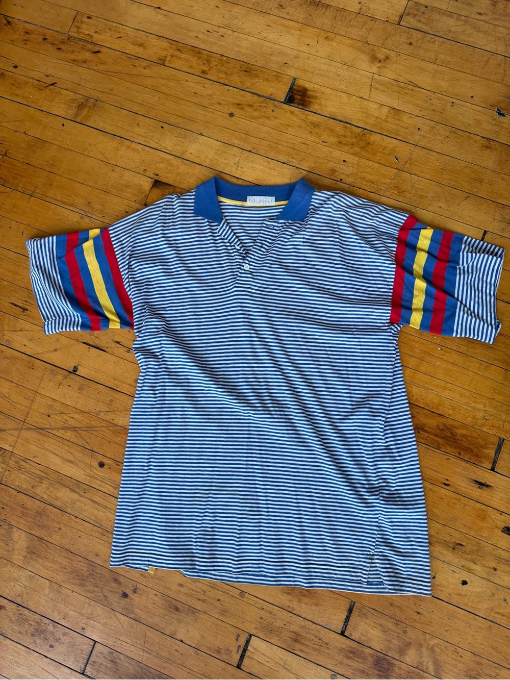 Men's Blue Striped Polo with Multi-Color Sleeve Stripes